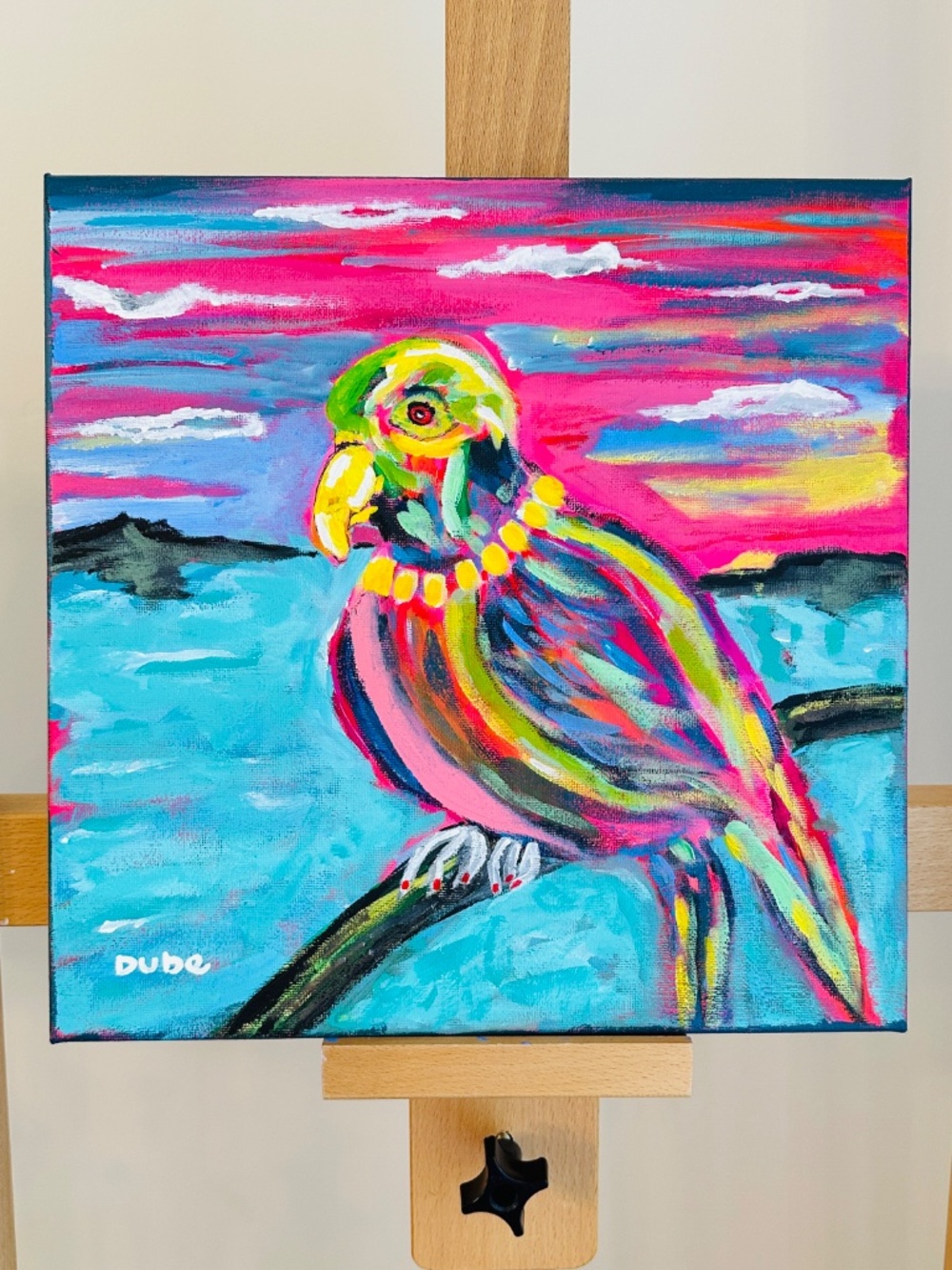 Original Parrot Painting | Sunset Ocean, Turquoise Water, Gold Colored Necklace